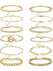 Women's 12-Piece Chain Bracelet Set, Boho Style Stackable Design, Paperclip & Cuban Cuff Bangles, Beaded Layered Links, Stackable Bracelets