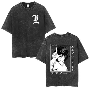Vintage Washed Japanese hot Anime Death Note L·Lawliet T Shirt personality Clothes Unisex 6Oversized Suitable for all seasons tee
