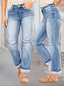 1 pair mid-rise straight jeans with distressed rolled hem, American casual style, slim fit that flatters figure + light blue wash + cat whiskers whitewash finish, for everyday commuting/casual wear for women in America