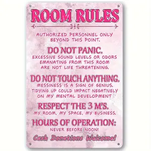 Chic Pink 'Room Rules' Metal Sign - Cute & Funny Bedroom Decor for Girls, Aesthetic Preppy Style Wall Art, 8"x12