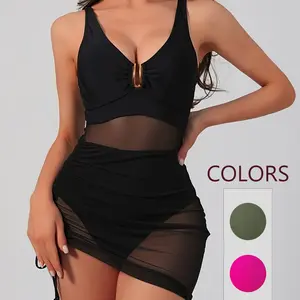 Women's Solid Color Irregular Hem Sheer Mesh Swim Bodysuit, Mesh Swimsuits, Sexy Fashion Chic One-piece Swimwear for Beach Holiday, Ladies Swimsuit