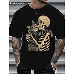 Men Skeleton Hugging Cat Graphic T Shirt Cotton Crew Neck Tee Casual Printed Top Stretch Fabric Ideal For Halloween Christmas Thanksgiving Summer Black