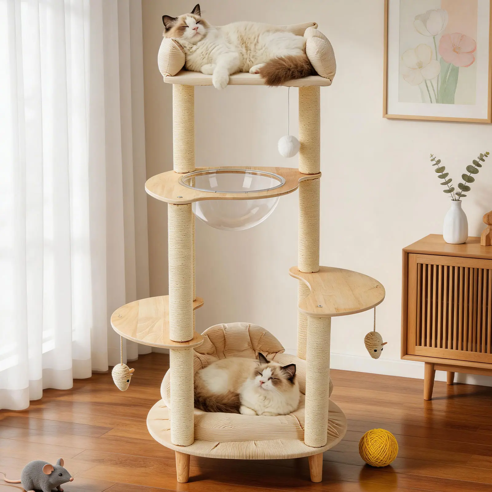 Modern Heavy Duty No Drill 4 Tier Solid Wood Cat Tree – 45.7” Multi Cat Tower with Cozy Bed, Capsule & Extra Wide Perch