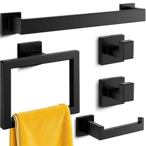 Bathroom Hardware Set 5 Pieces, Wall Mounted Towel Bar, Toilet Paper Holder, Towel Ring & Hooks, Matte Black