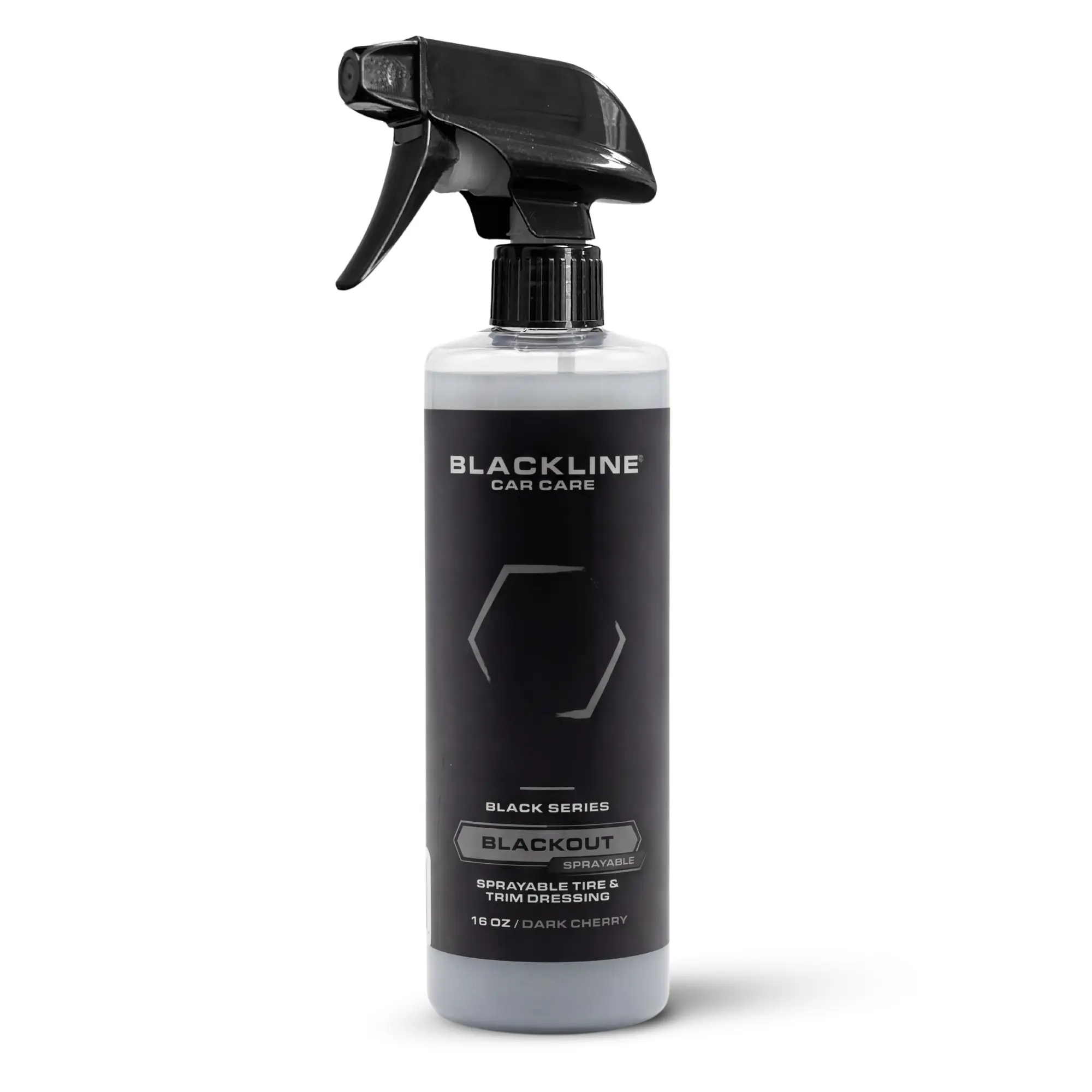 BLACKLINE Sprayable Blackout Trim & Tire Dressing - Deep Black Wet-Look Shine, Long-Lasting No-Sling Formula, Restores Faded Plastic Trim, Tires & Rubber, 1-Pass Fast-Action Spray-On UV Protection for Cars