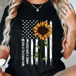 100% Cotton Men's T-Shirt, Casual American Flag Sunflower Graphic, Fitted Short Sleeve Tee for Summer & Workouts