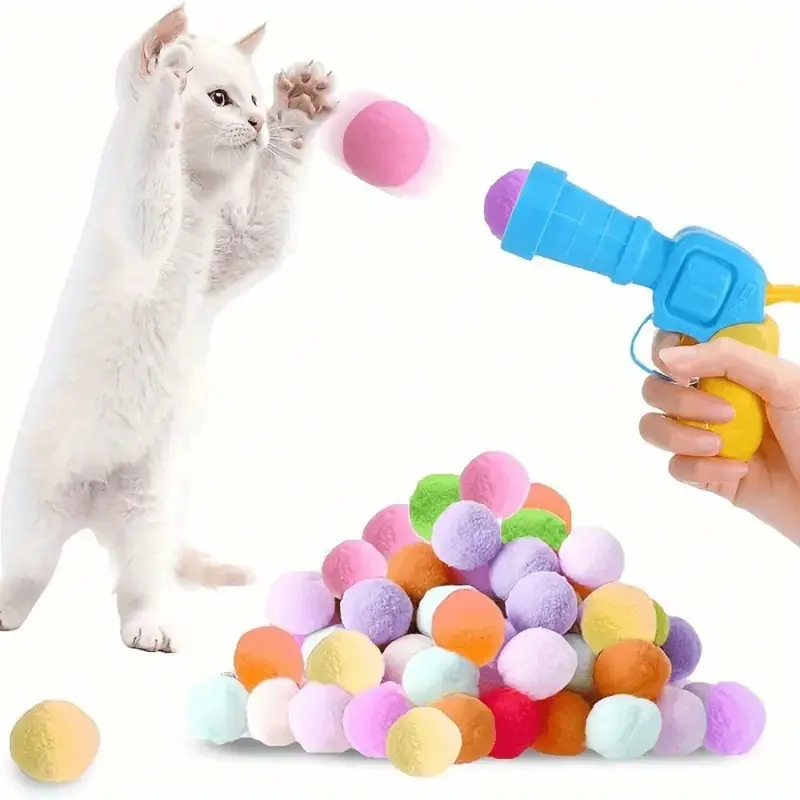 Interactive Launch Training Cat Toy Set - Pet Supplies with 100 Balls+1 Pistol, 20/50/100 Pack Random Color Fluffy Plush Balls, for Indoor Cats’ Exercising & Bonding with Owners