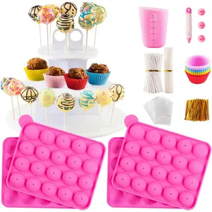 Cake Pop Maker Kit Including 2 Silicone Mold Sets, 3 Tier Cake Stand, Chocolate Candy Melts Pot, Silicone Cupcake Molds, Paper Lollipop Sticks, Decorating Pen with 4 Piping Tips, Bag and Twist Ties