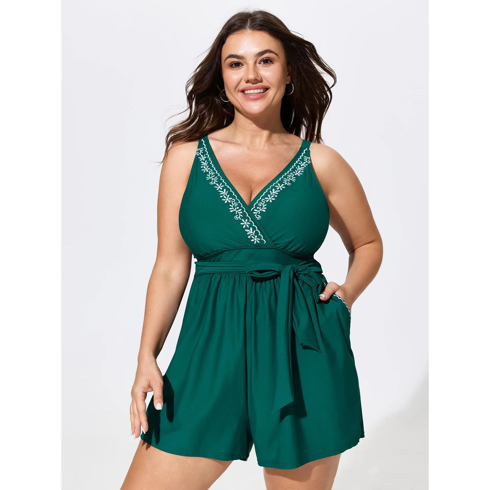 BLOOMCHIC Plus Size Nylon Fabric Female Wear 1-Piece Swim Romper - Embroidered Neckline, Waist-Tie, Adjustable Straps, Tunic Design, Side Pocket, Solid, Elastane, UV-Protective, Cold/Machine Washable, M-6X Summer Swimsuits [14-16/1X, 18-20/2X, 22-24/3X],,