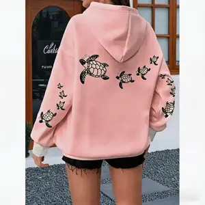 Women's plus-size loose hoodie with turtle print - pink and white casual pullover sweatshirt, kangaroo pocket and drawstring hood, machine washable, comfortable for all seasons, loose fit, soft fabric