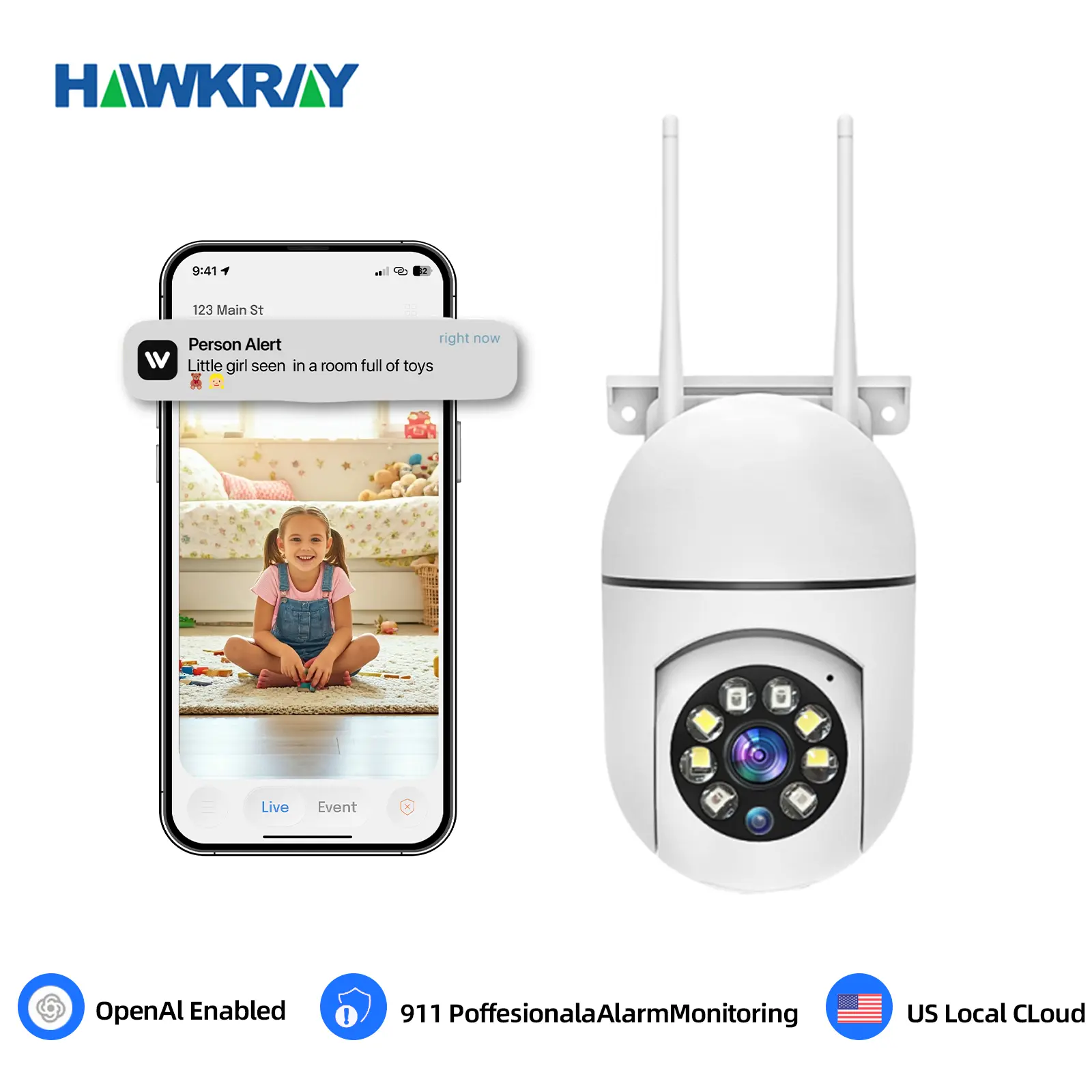 Hawkray 4MP Light  security camera with 2.4GHz wireless indoor/outdoor camera with night vision, motion detection, 360° remote viewing and real-time alerts, Recording, Two-Way Audio for Home Security, Wi-Fi, 24 Hours Recording Security Cameras & Systems