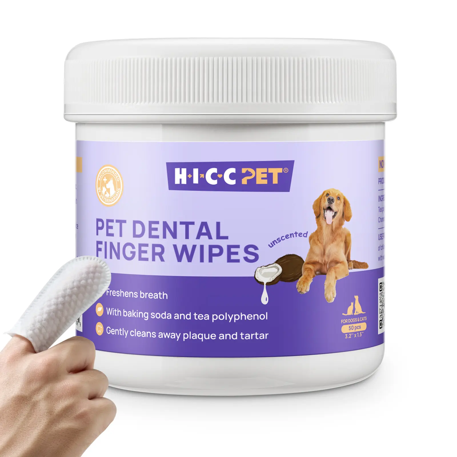 HICC PET Care Finger Wipes with Built-In Toothbrush - Coconut Oil Natural Blend Scented, No-Rinse Dog & Cat Oral Cleaner for Plaque Removal, Bad Breath Freshening