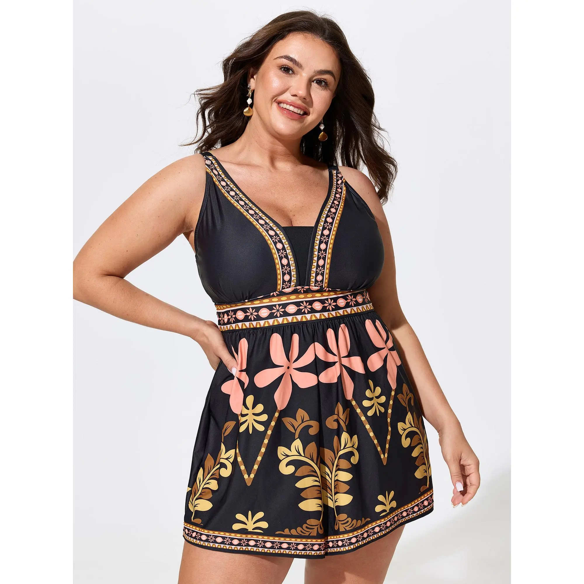 BloomChic Women's Ditsy Floral Print Tunic Swim Romper - V-Neck 1-Piece Beach Wear with Adjustable Straps, Hip-Flattering Fit, Chest Pad, Polyester, Elastane, Multi-Size (1X/14-16, 3X/22-24), Machine/Cold Washable, Low Heat Iron
