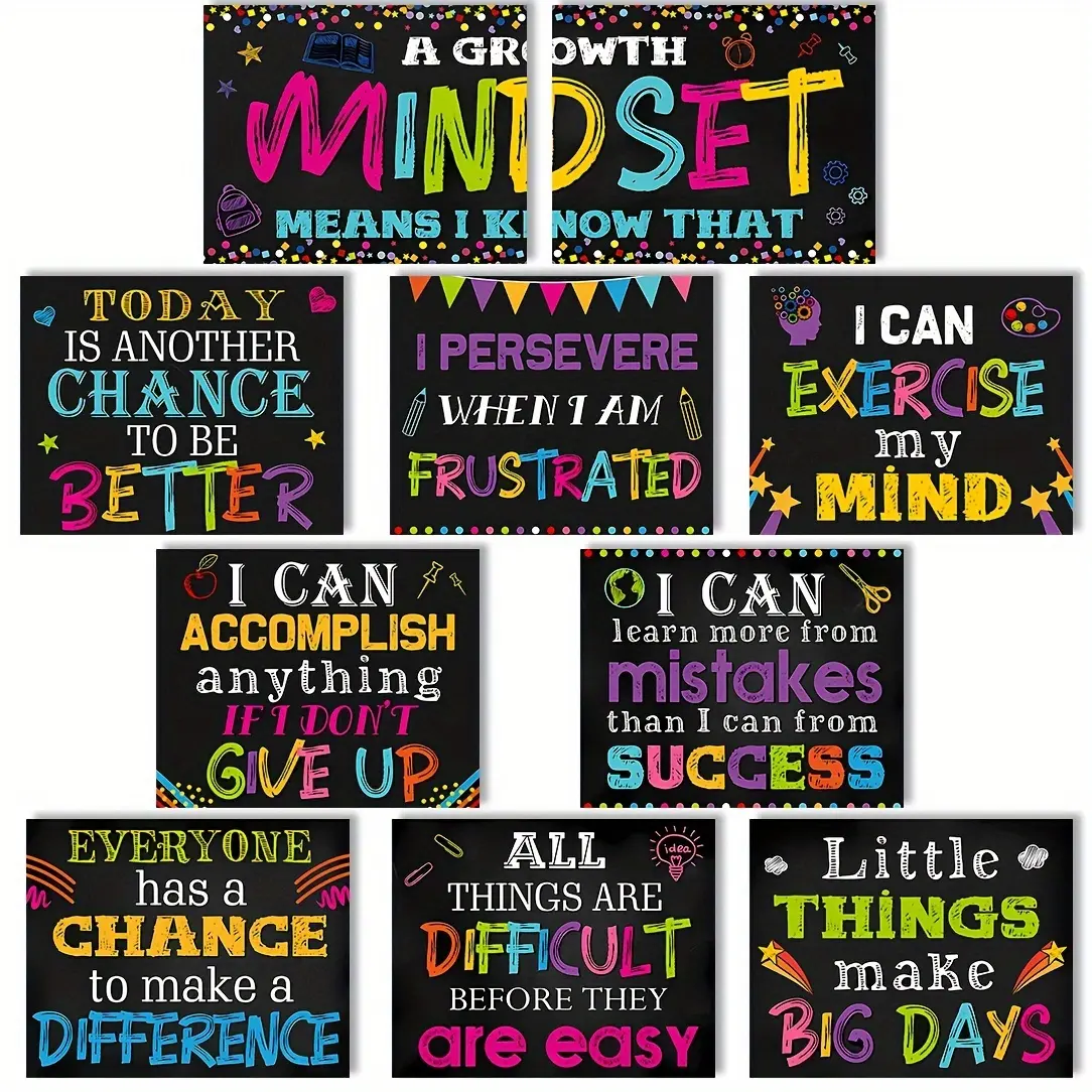 2D Flat  10pcs Classroom Motivational Posters Growth Mindset Banner Inspirational Bulletin Board Positive Wall Classroom Decoration Teacher Decor for School Wall Art Decoration 8*10inches Home Classroom Decorations