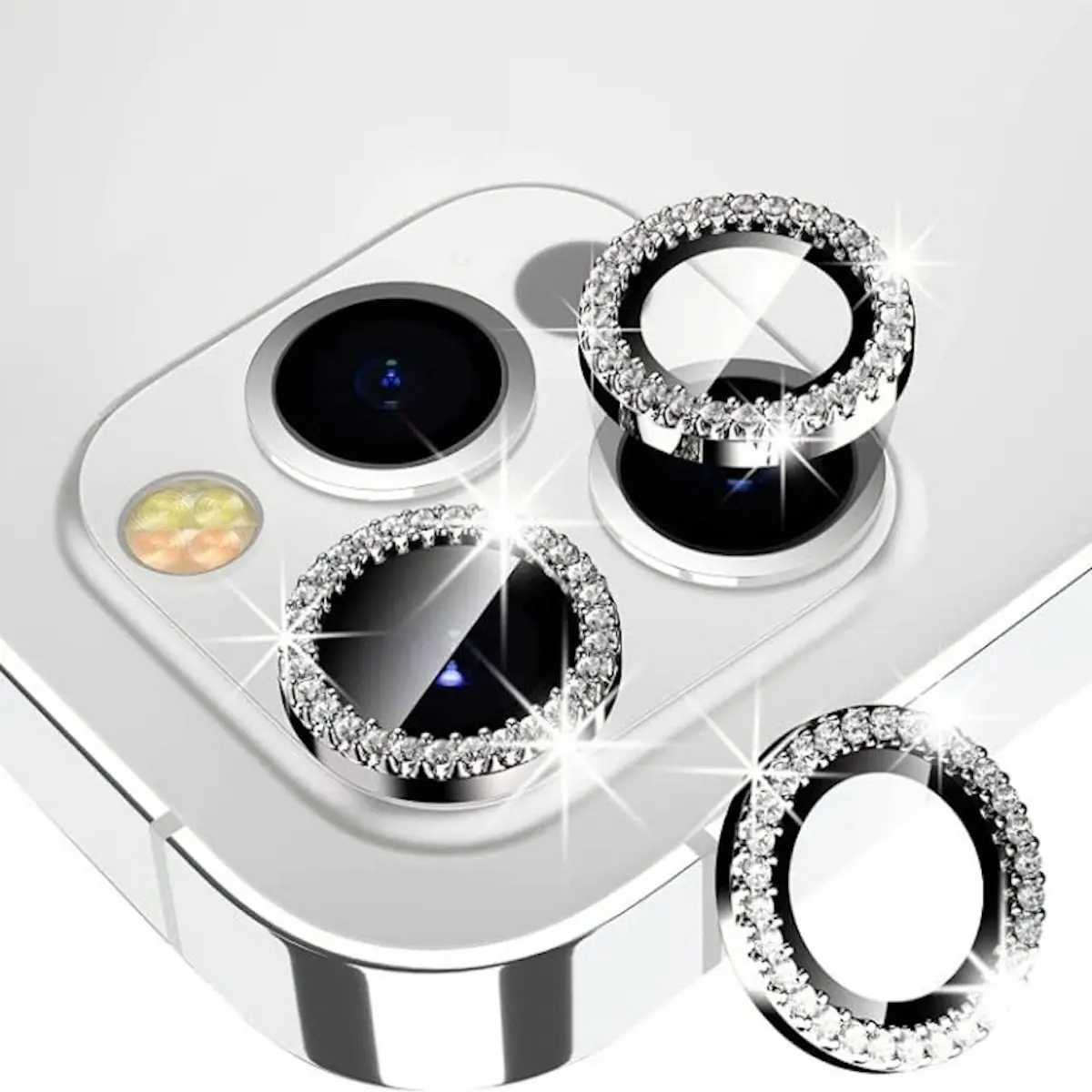 Sparkling rhinestone phone camera lens protector, compatible with all iPhone 17, 16, 15, and 14 series models.  Scratch-resistant and drop-proof tempered glass phone camera lens protector (Orange) Protective Glass