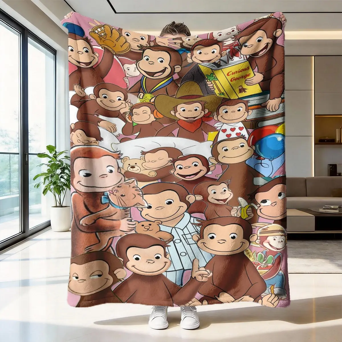 Curious George Collection Flannel Blanket, Cartoon Pattern Blanket, Cartoon Print Blanket, Soft Skin-Friendly Warmth, Ideal for Sofa Bedroom Nap, Multi-Scene Use