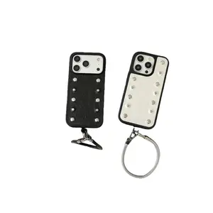 Leather Studded Phone Case with Wrist Strap for iPhone 17 16 15 14 13 Pro Max Plus, Edgy Protective Cover, Unique Fashion Smartphone Case