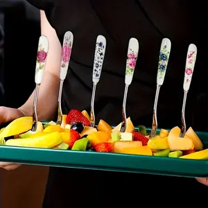 [6pcs Stainless Steel Fork] Fork with Floral Ceramic Handles,  Elegant Design, Salad Fork, Small Fork, Cutlery | Suitable for Dessert Fork in Home, Afternoon Tea, Restaurant and Kitchen
