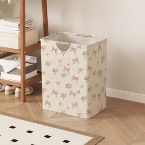 Rose Bow Print Open Storage Box, Foldable Fabric Laundry Basket with Handle, Home Bathroom Dirty Clothes Organizer Bucket
