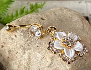 14kt Gold Plated Gemmed Flower Belly Ring Navel Pierced Body Jewelry Dangle