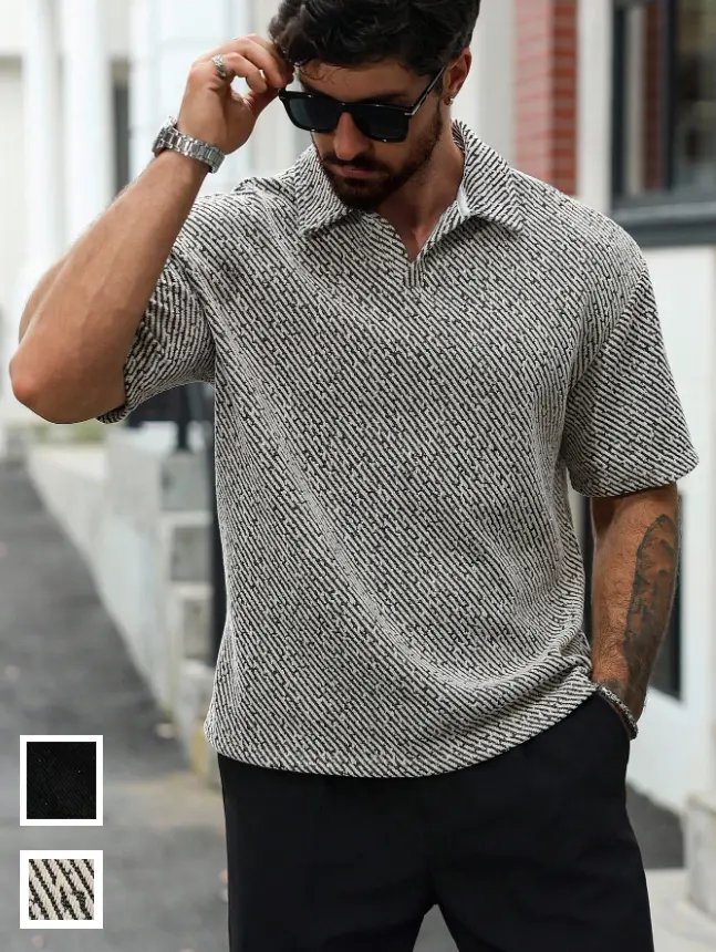 Men’s Summer New Color-Block Collar Polo Shirt: Textured, Breathable, Casual Short-Sleeve T-Shirt, Versatile Top Menswear Checked Shortsleeve, Polyester, Fabric tiktokshopspringglowup