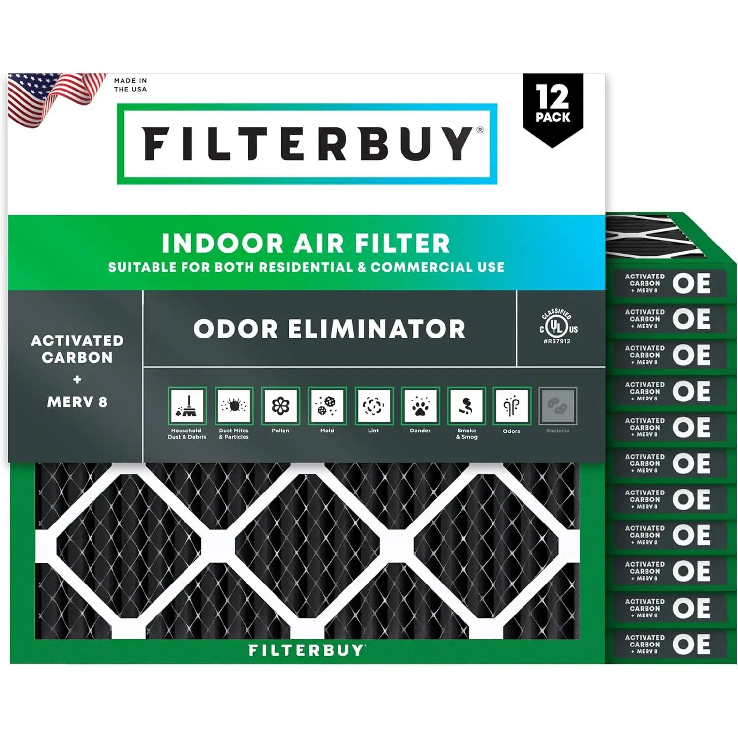 New Filterbuy 16x16x1 In Eco-Friendly HVAC AC Furnace Air Filter (12-Pack) - Pleated, Merv 8 Rating, Odor Removal, Electrostatically Charged (Actual Size: 15.75x15.75x0.75 In)