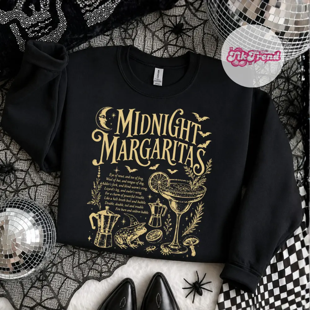 Midnight Margaritas Gold Sweatshirt, Witchy Halloween Cocktail Crewneck for Women, Spooky Season Cottagecore Witch Fall Sweatshirt, Gift