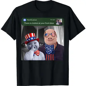 Men's 4th of July 250th Independence Day Casual T-Shirt, John Pork & AI Baby Motion Front Door Graphic Tee, Men's Wear Male Clothing Gifts for Him Funny Tee