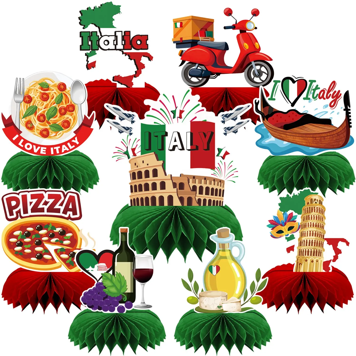 9 PCS Italian Themed Party Centerpieces Decorations, Italian Party Decorations Honeycomb Centerpieces for Tables, Flag Red White and Green Italian Birthday Party Supplies, Carnevale Di Venezia Party Decorations, Party Atmosphere Props
