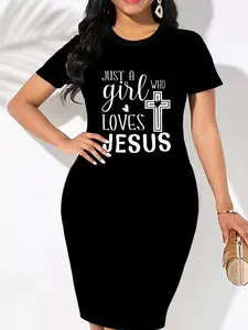 Women's Letter & Cross Print Round Neck Dress, Casual Short Sleeve Crew Neck Dress for Summer, Ladies Clothes for Daily Wear