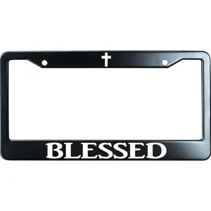 Blessed with Cross Logo Matte Black Stainless Steel License Plate Frame for Christian, Jesus/God Auto Car Tag Frame, Heavy Duty License Plate Cover Holder, 2 Holes with Screws