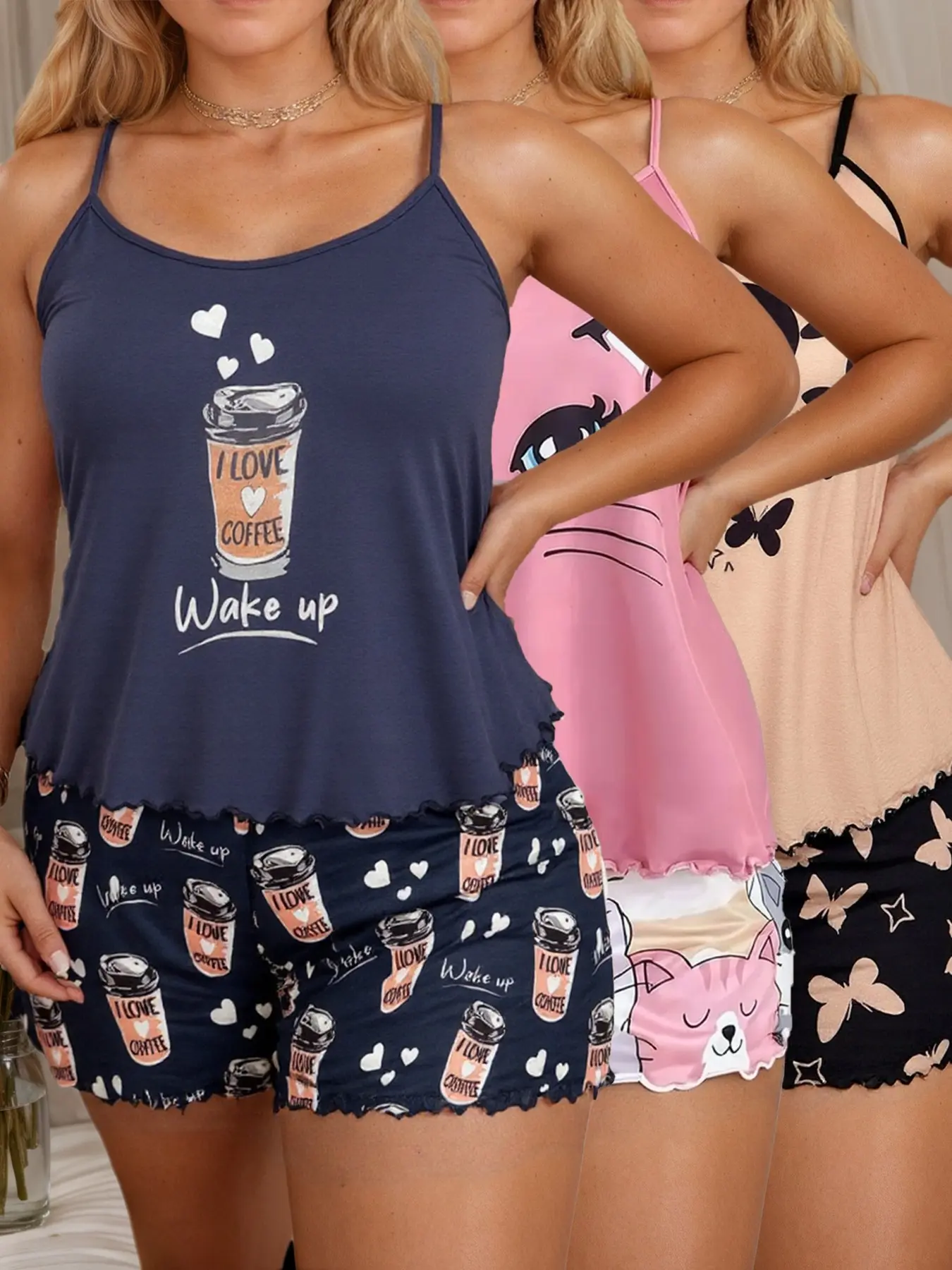 Women's Plus Size Sleepwear Set, Butterfly Heart Print Cute Pajamas, Sleeveless Spaghetti Strap Lingerie Top and Shorts, Comfortable Fit Nightwear, Casual Style, Lingerie Sets, Matching Lingerie