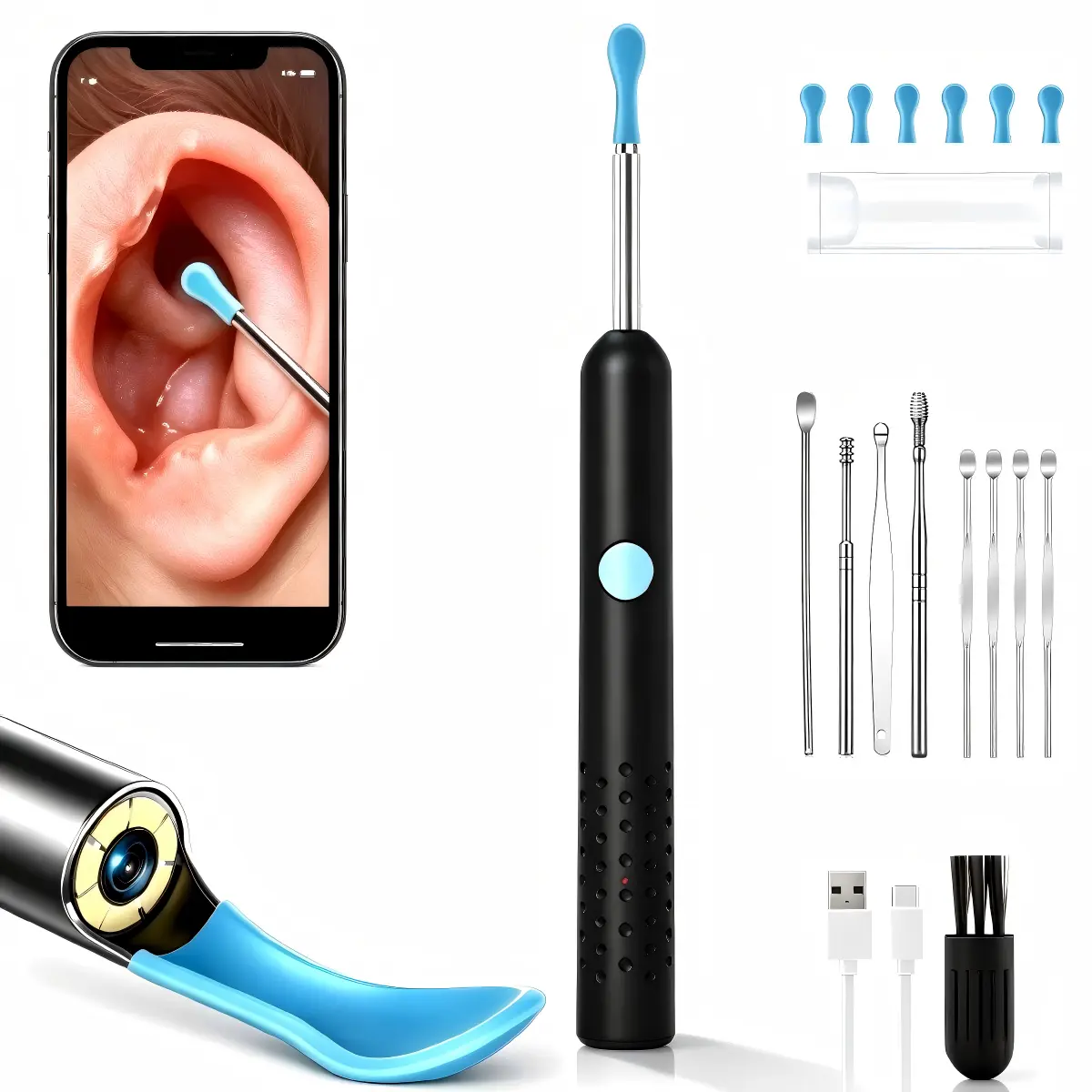 1080P HD Wireless Visual Ear Spoon Kit Set - Portable Multiple Pieces Earwax Remover Tool with 6 Silicone Tips, 6 LED Lights, Long Battery Life for Adults, Pets