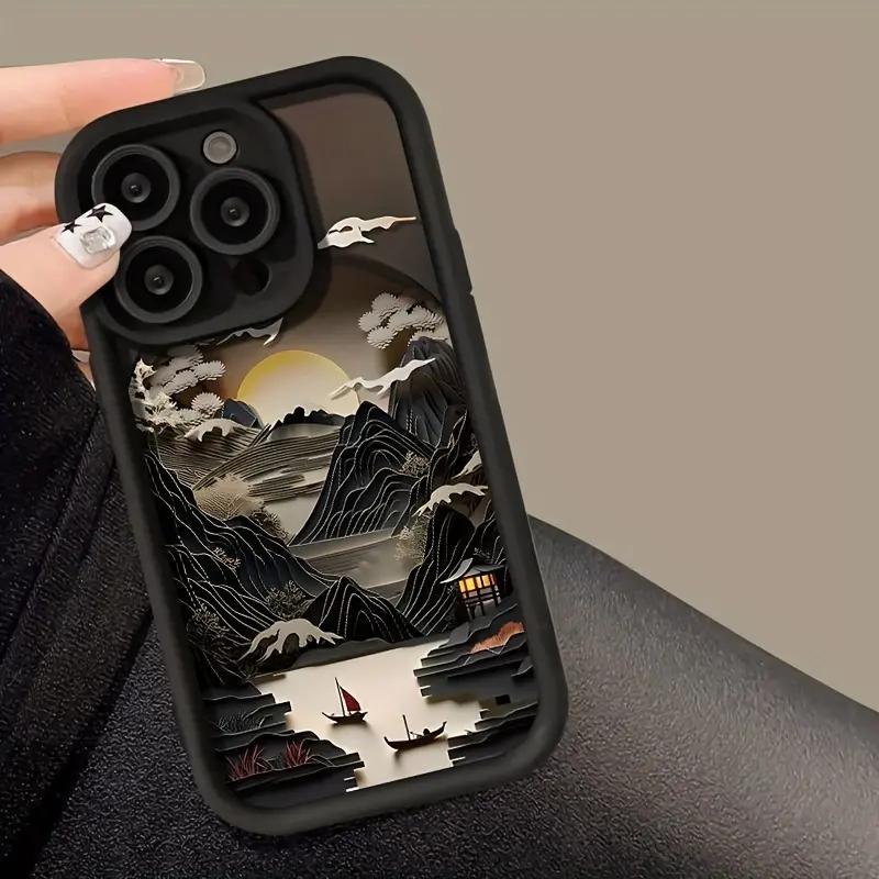 TPU Bumper Smartphone Case for iPhone 16 Pro Max,15 Plus,14,13,12,11,XR,XS - Mountain and Water Painting Pattern, Anti-Scratch, Shockproof, Drop-Proof Protection for Handheld Cellphone Devices (Gifts for Women, Men), Casing