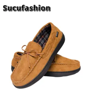 Sucufashion 2025 Men's Loafers Moccasin Genuine Upper Flanel Lining Memory Foam Rubber Soles Indoor Outdoor Comfortable House Shoes