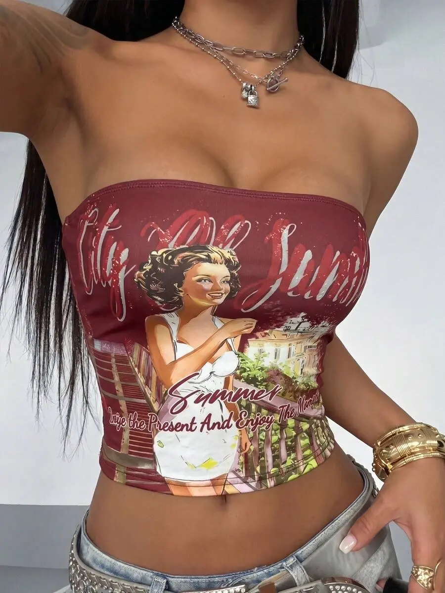Women's Fashionable Fitted Summer Tube Top With Street Graphic Print Golf White Sexy