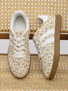 2026 Women's Beige Floral Print Fabric Spring Summer New Fresh Fashion Comfort Flat Large Size Versatile Multi-Functional Casual Women's Stripe Sneakers