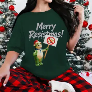 Unisex Short-Sleeve Fit Cotton T-Shirt, Merry Resistmas Frog Design Funny Political Christmas Top, Split Casual Menswear Tee