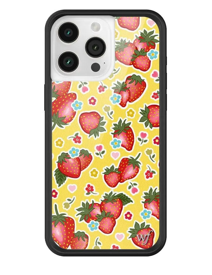 Sweet Berries | Limited Edition Trendy iPhone Case | Raised Protective Black Bumper | Women Owned Small Business | Vibrant Yellow Background Pink and Blue Flowers Shiny Red Strawberries | Safety Casing Protective | Gift for Her