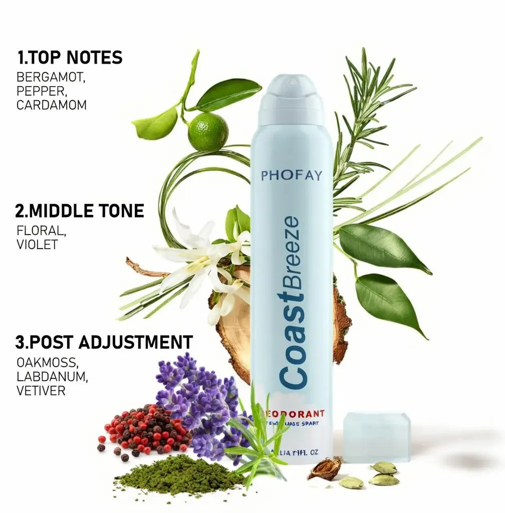 PHOFAY Coast Breeze Aluminum-Free Deodorant Spray - Body Care, Fragranced Luxury Bleu-Inspired Fragrance, 12HR Gentle Antibacterial Protection, 98% Odor Elimination with Persimmon Extract & Zinc, All-Body Non-Staining, All Skin Types, Scented, Aroma, Sens