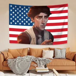 Anime Game Arcane Tapestry, Light Peach Polyester Wall Hanging with Viktor & Jinx Visuals and American Flag Design, Home Decor for Bedroom & Dorm