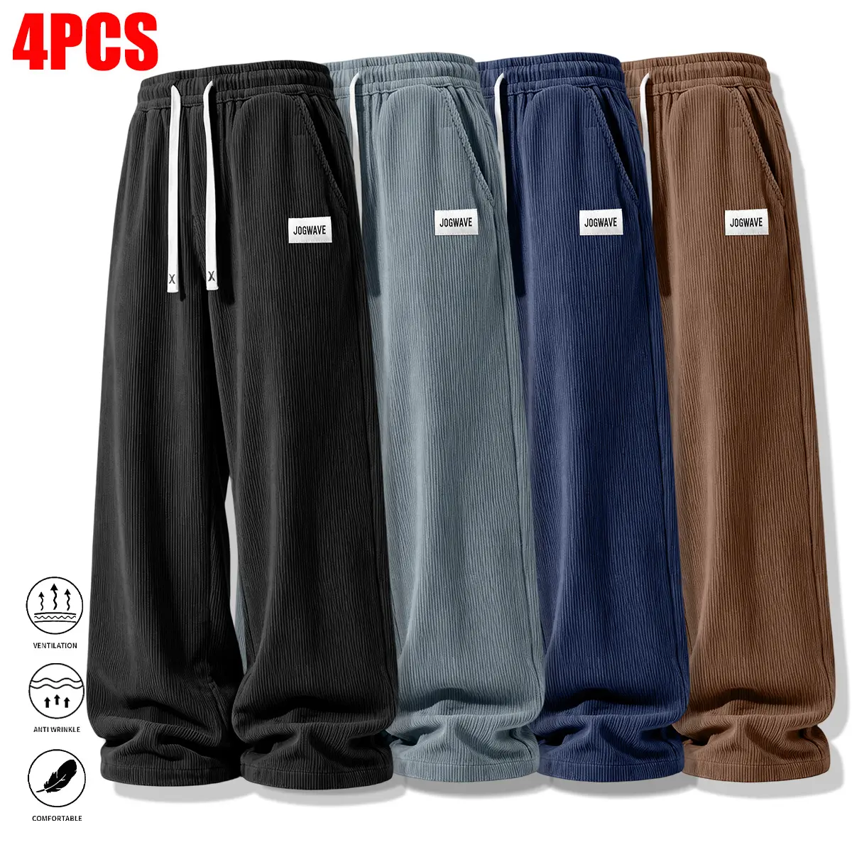 4 Pack Men's Casual Plain Trousers, Wide-Leg Loose Fit with Drawstring Waist, Comfortable Menswear for Sports & Everyday Wear