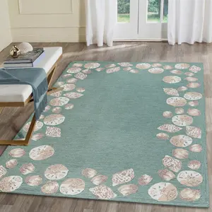 Lush Decor CAPRI Indoor/Outdoor Handmade Synthetic Blend Durable Area Rug - Traditional Geometric Coastal Beach Accent  (Seashell Border)
