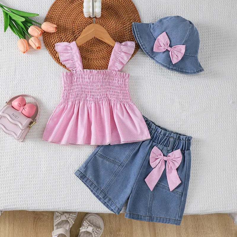 Ready Stock Charming Girls' 3-Piece Outfit: Pink Smocked Tank Top, Denim Shorts with Pink Bow & Cute Denim Hat – Ideal for Play & Outings 22503026
