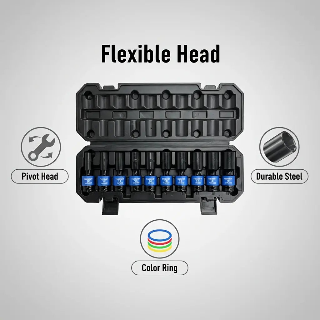19pcsA Set of 10pcs of 3/8 Inch Drive Flexible Swing Sockets, Rotating Socket Set, Deep Standard Universal Impact Sockets, 6-Point, Metric, Sizes 10-19Mm, Made of CR-MO Material, Comes with a Sturdy Storage Case, Professional Automotive Repair tik