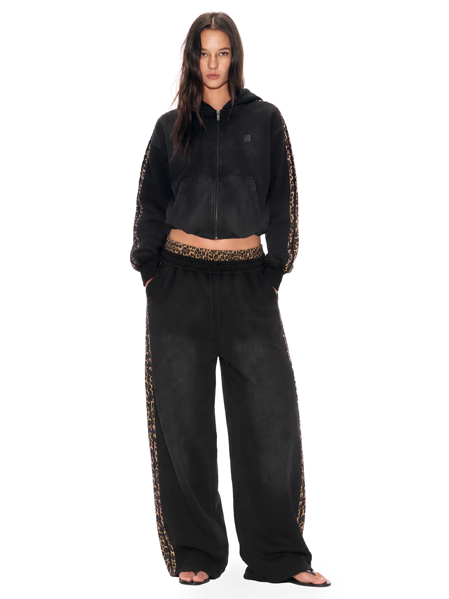 FDR Washed Leopard Tape Hoodie and Double Waist Sweatpants Set Vintage Streetwear Oversized Matching Outfit Unisex
