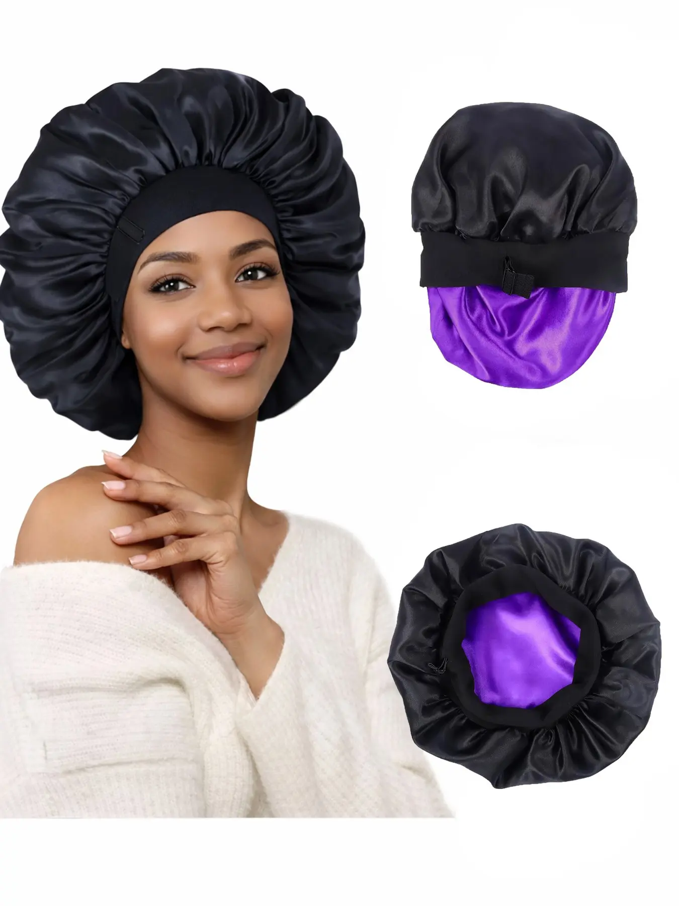 Satin Silk Bonnet for Sleeping, Double Layer Silk Sleep Cap for Men & Women, Soft Satin Lined Bonnet for Curly Hair(13inch,Purple) Black Elastic