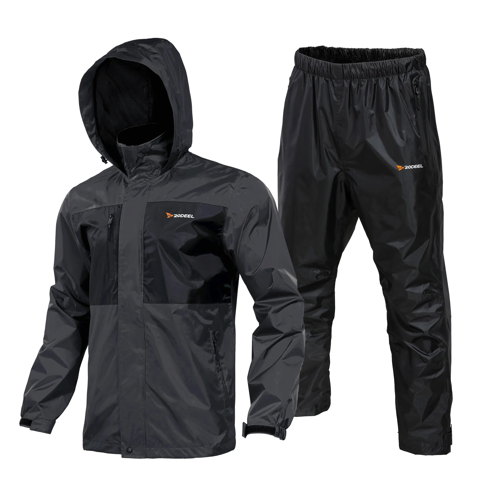RODEEL 702 Men’s Waterproof Rain Jacket & Pants Set, Lightweight Breathable Hooded Full Zip Rain Suit, Durable Weatherproof Windbreaker Workwear for Fishing, Boating, Construction, Roofing, Landscaping & Tree Service