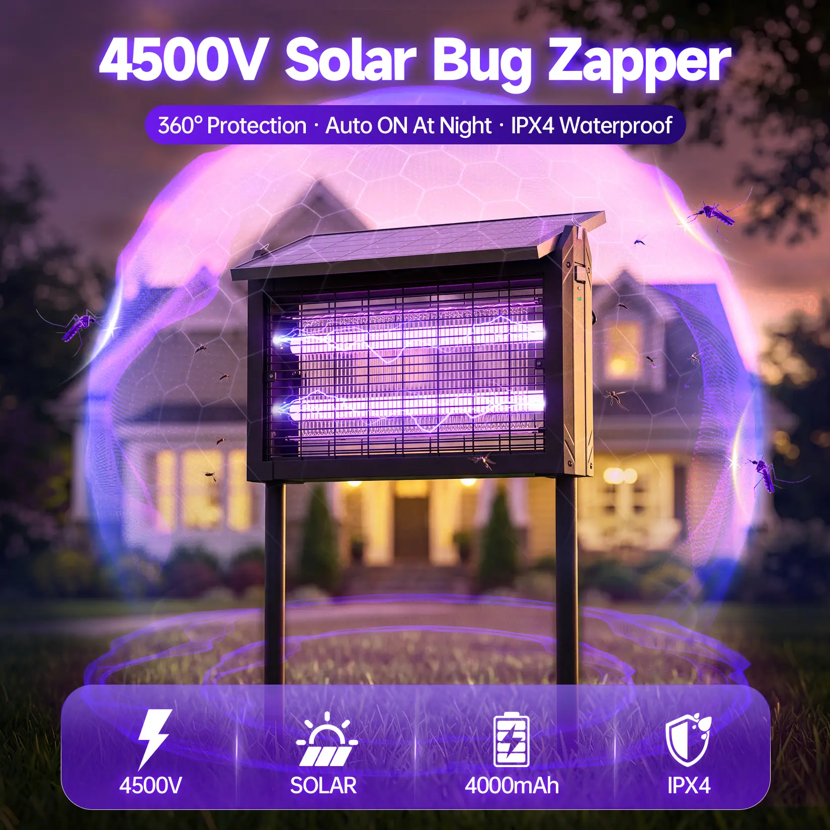 Outdoor Bug Zapper｜4500V High Voltage, 4000mAh Rechargeable, Auto‑Sensor Mosquito Trap with 10FT Cable for Yard Garden & Indoor Use