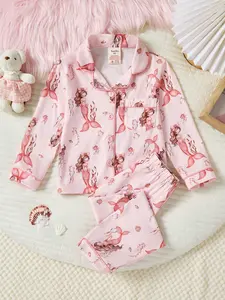 Girls' Cute Cartoon Pattern Pyjamas Set, Long Sleeve & Pants, Breathable Fitted Sleepwear, Suitable for Ages 1-8, Spring & Fall Home Wear